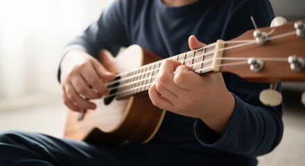 Fototapeta premium Child playing ukulele, focusing on hands strumming and fretting strings of small musical instrument. Learning playing ukulele develops creativity and musical skills.