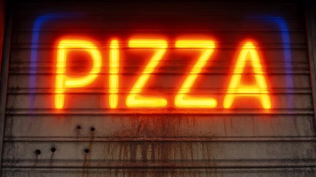 Glowing orange neon "PIZZA" sign illuminates a weathered, ribbed metal door