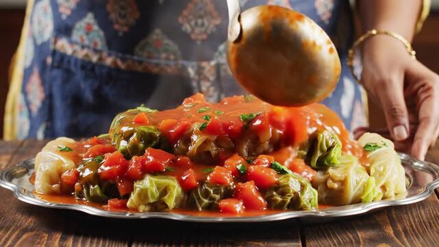 A close-up shot captures the meticulous process of plating a delicious, steaming dish. Tender, green-wrapped parcels are artfully arranged on an elegant silver-colored platter. A hand, subtly visible 