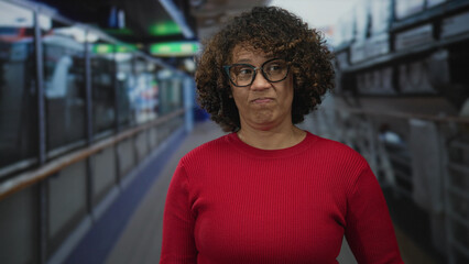 Woman wearing red sweater and glasses with finger to temple and slight frown while standing on boat...