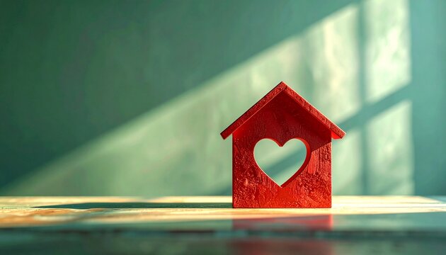A small red wooden house with a heart-shaped cutout, placed on a wooden surface with soft natural lighting.&nbsp;This image evokes feelings of warmth, love, and homee