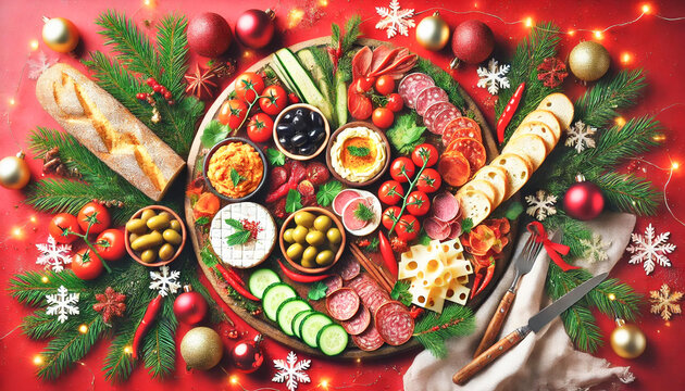 Christmas-Themed Mediterranean Charcuterie Spread on Red Background with Festive Decor