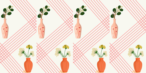 Seamless vector illustration of an abstract pink floral pattern with cartoon hearts and festive cake icons for a decorative holiday wallpaper design © yeen