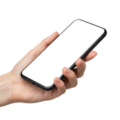 A youthful, well-manicured feminine hand holding a sleek black smartphone with a blank white screen, isolated on a transparent seamless background, presenting product technology concept.