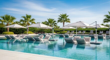 Luxury resort pool showcases submerged lounge chairs, elegant white umbrellas. Picturesque luxury resort pool environment with tropical palm trees, providing serene vacation relaxation.