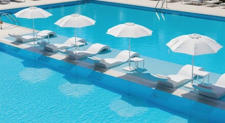 Obraz premium Pristine swimming pool with shimmering blue water, white lounge chairs under sun umbrellas for ideal vacation. Swimming pool deck offers modern sunbeds, ample shade for outdoor leisure.