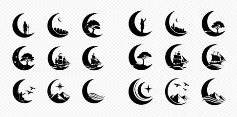 Collection of crescent moon vector icons with various nature and human elements, representing spiritual and natural themes. © Adji