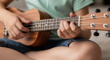 Fototapeta premium Child playing ukulele, focusing on hands strumming strings and fingers pressing frets. Little musician playing ukulele, learning chords and creating melodies.