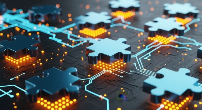 Abstract connection concept of puzzle pieces interconnected with glowing digital network
