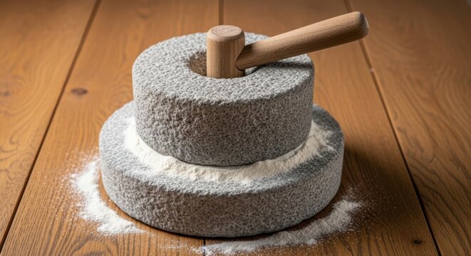 Traditional grain mill on wooden surface, grinding grain into flour. Hand operated grain mill with two millstones, wooden handle. Concept grain mill for organic food, sustainable living,