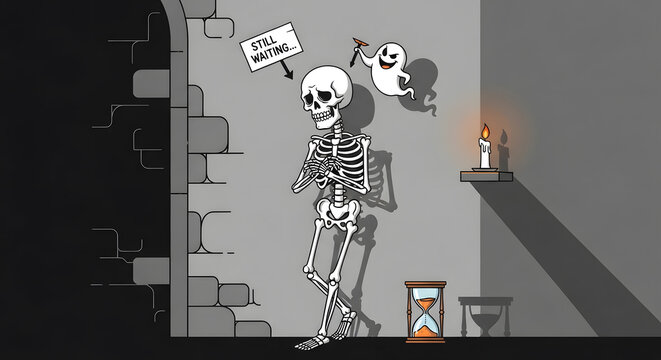 Comical scene of a skeleton standing by an hourglass while a small ghost hovers nearby
