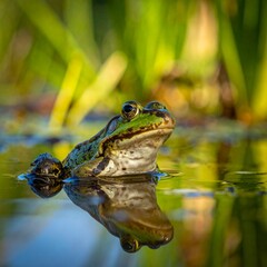 Obraz premium Vibrant Frog Perched in Calm Water, Reflecting in the Pond, Natures Beauty.