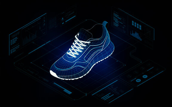 sneaker digital prototype, industrial footwear engineering, futuristic cad wireframe