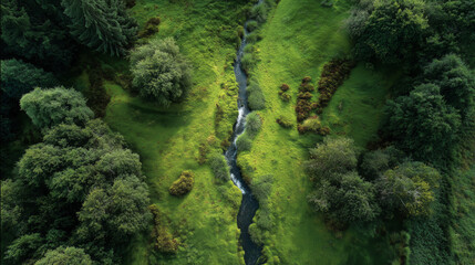 Obraz premium Aerial drone view of a winding river flowing through lush green hills and dense forest.