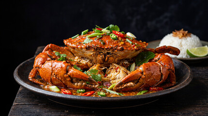 Delicious Spicy Chili Crab Served with Steamed Rice and Lime.