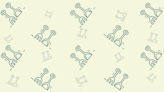 Holidaythemed doodle pattern featuring shovels and rakes in a festive handdrawn background, perfect for greeting cards, wrapping paper, and decorations.