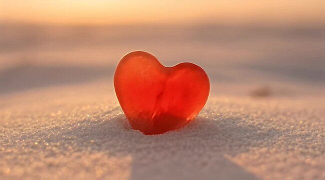 A red heart-shaped object sits on a snow-covered surface during golden hour