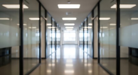 Fototapeta premium Blurred modern office hallway with glass walls and ceiling lights corridor interior