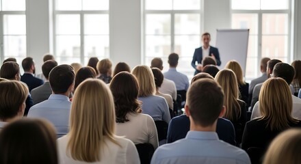 Fototapeta premium Speaker presenting to diverse audience in bright conference room with large windows people presentation