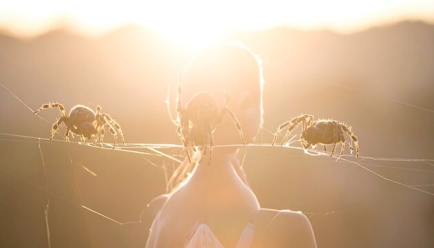 A girl viewed from behind, silhouetted by bright light, with spiders on a web in the foreground creating an odd effect