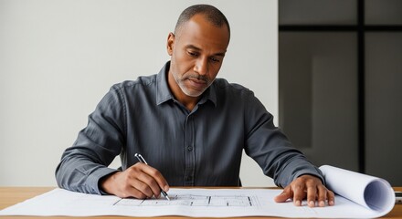 Mature architect working on a blueprint in a modern office.