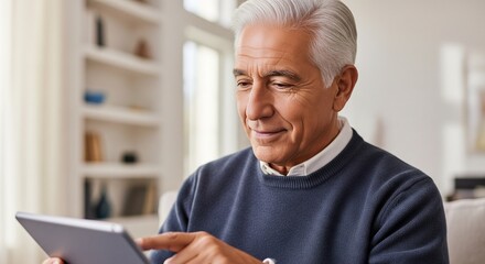Obraz premium Senior Hispanic man using a digital tablet at home in a living room.