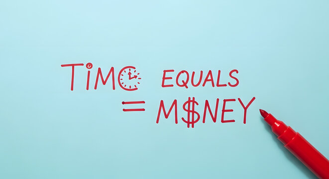 The phrase "TIME EQUALS MONEY" is hand-written in red on a light blue background.