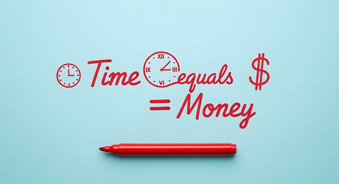 The phrase "Time equals Money" is prominently displayed in red, accompanied by clock illustrations and a dollar sign, with a red marker below.