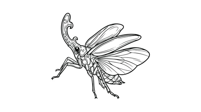 Detailed Line Art Illustration of a Lanternfly Insect.