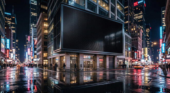 Blank Giant LED Billboard in Vibrant Night City Street  