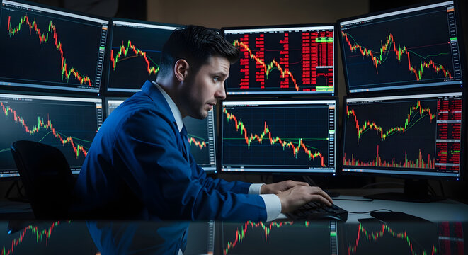 A focused male trader in a suit works intensely on a keyboard in front of multiple monitors displaying real-time stock market charts and data.