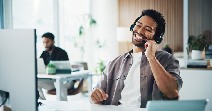 Call center, laugh and businessman with headset in office for crm, customer service or helpdesk. Communication, computer and male consultant with mic for technical support, contact us or advice.