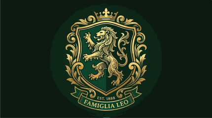 Elegant Lion Crest Emblem with Famiglia Leo Text.