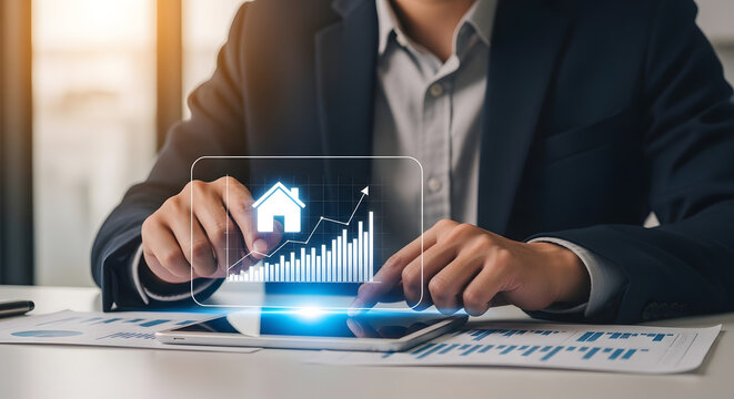 A businessman's hands interact with a virtual screen projected from a smartphone, displaying a house icon and an upward trending bar graph for real estate.