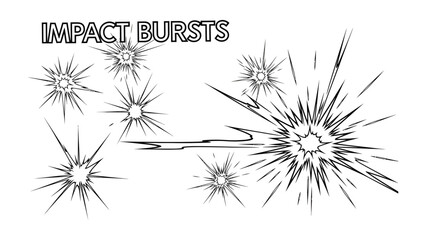 Dynamic Impact Bursts: A collection of stylized, energetic bursts capturing the essence of explosions and forceful impact, rendered in a striking monochrome palette. © Jannat
