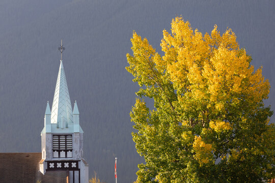 Church and colored tree in Banff, Canada