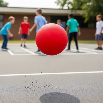 A vibrant red playground ball bouncing high off the asphalt on a school court, with children playing four-square in the blurred background, highlighting youthful recreation
