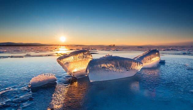 Fonyod Hungary Transparent Ice Cubes On The Frozen Lake Balaton On A Cold Winter Afternoon With Golden Sunset Lights And Clear Blue Sky And Sun