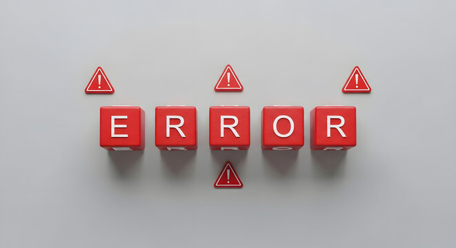 Red cubes spelling "ERROR" are arranged, surrounded by multiple red triangular warning signs.
