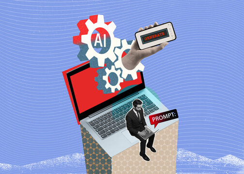 Conceptual vintage collage of a businessman working on a laptop with AI gears and a hand holding a smartphone with a 'Generate' button. Creative blue background with grainy paper texture.