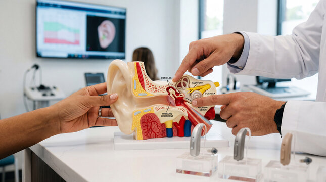 An audiologist clearly explains detailed ear anatomy to a patient using a model, emphasizing hearing health in a clinic