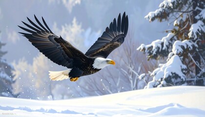Obraz premium A snow-covered eagle soars through a frozen pine forest