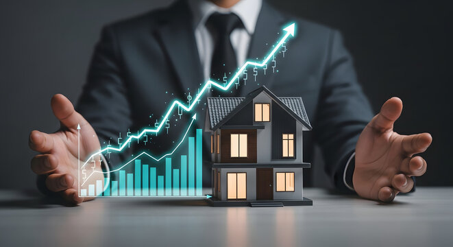 A businessman's hands hover protectively around a miniature house model, overlaid with a bright blue rising bar chart and a glowing upward arrow, symbolizing increasing real estate value.