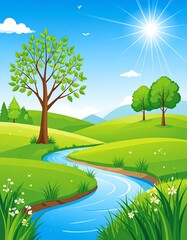 Fototapeta premium Vibrant Spring Landscape - A Serene River Flowing Through Lush Green Hills Under a Sunny Sky.
