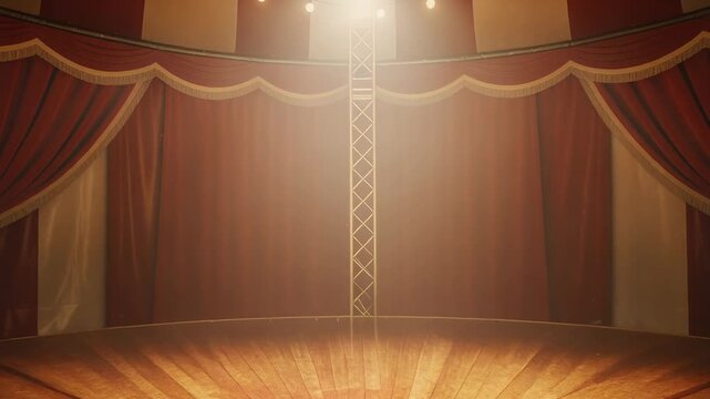 Empty circus stage with spotlight wooden floor red curtains and festive lights in big top tent