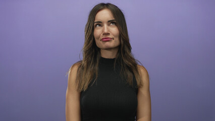 Naklejka premium Woman with wavy brunette hair smiles with pursed lips and tilts head gently in purple studio; playfulness curiosity spontaneity creativity.