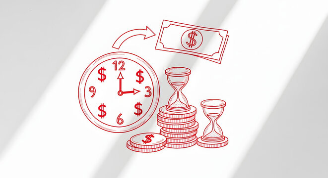 A charming hand-drawn illustration depicting the time equals money concept, featuring a clock, hourglasses, and various currency symbols on a white background.