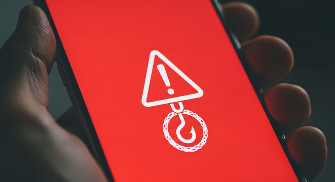 A close-up shot of a hand holding a smartphone screen displaying a prominent red warning icon, indicating a phishing scam or serious security threat.
