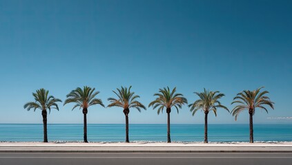 Obraz premium A row of tropical palm trees frames the horizon along a coastal road under a clear, bright blue sky