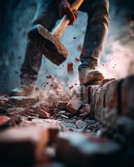 Person breaking bricks with a heavy hammer.